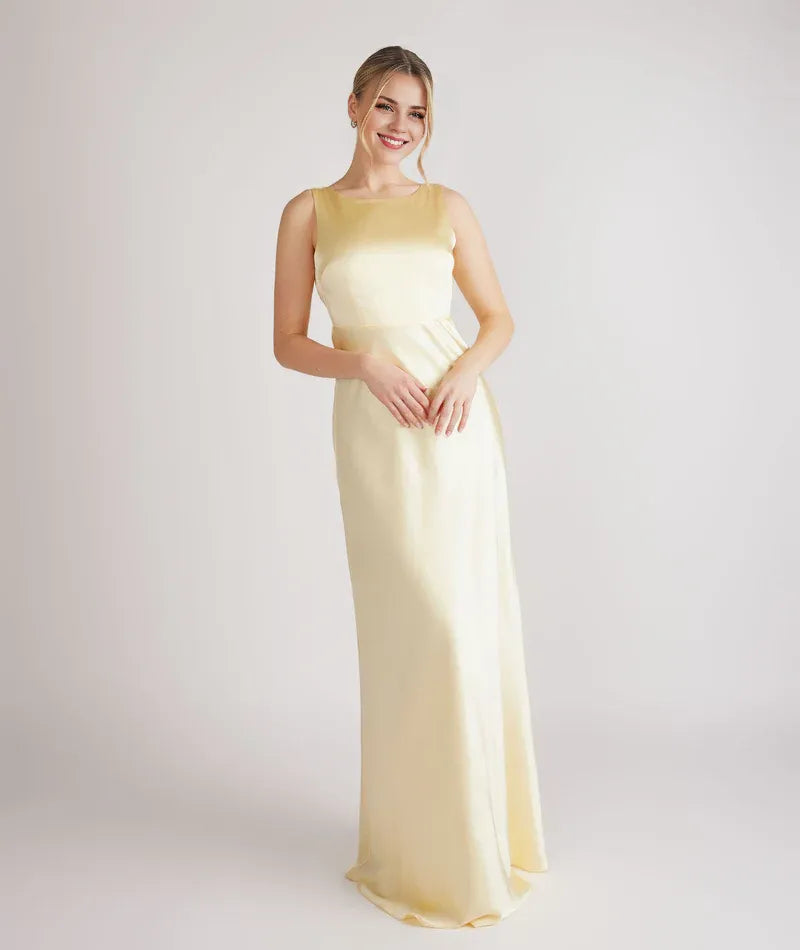 Special Occasion Sophisticated Graceful Stylish Elegant Champagne Satin Cowl Sleeveless Bridesmaid Dress