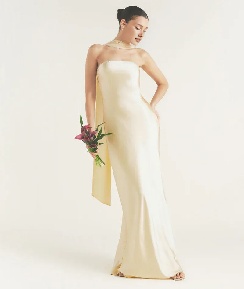 Graceful Stylish Refined Beautiful Timeless Chic Elegant Satin Strapless Sleeveless Bridesmaid Dress