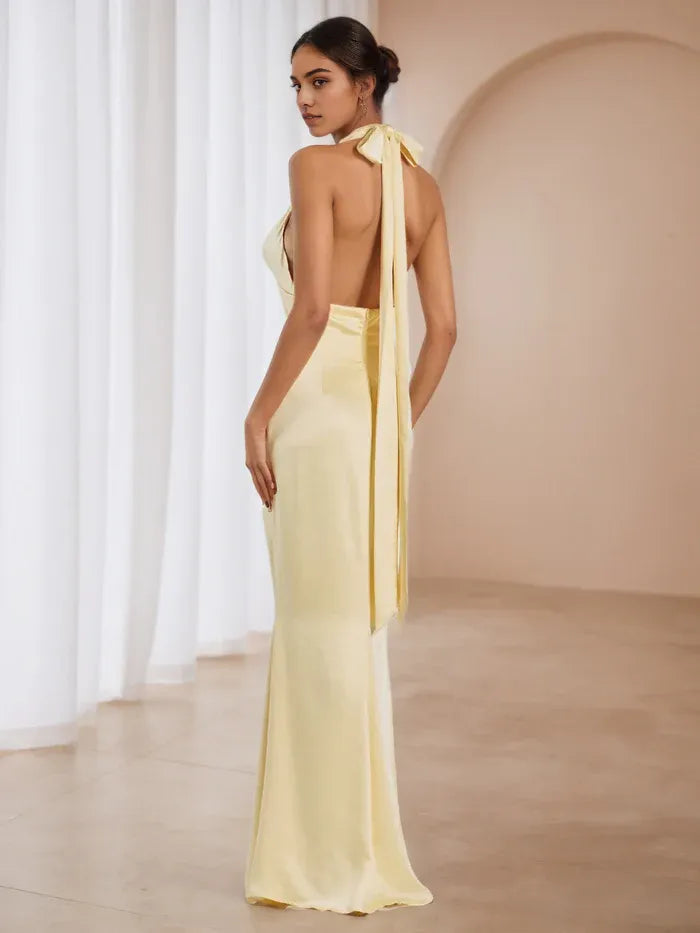 Lemon Halter Prom Dress Plunge V Neck Flowy Silhouette for Dreamy Galas