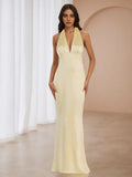 Lemon Halter Prom Dress Plunge V Neck Flowy Silhouette for Dreamy Galas