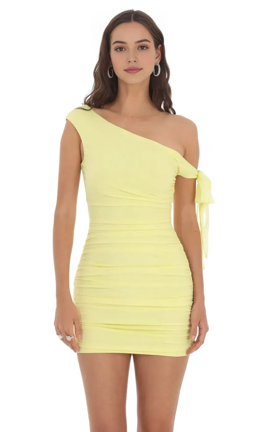 Yellow Lemon One Shoulder Homecoming Dresses with Bow Accent A Trendy Back to School Staple for Fashion Forward Campus Events
