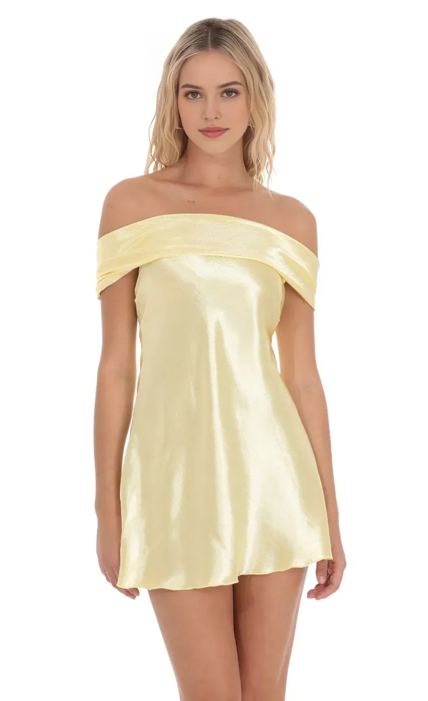 Yellow Lemon Homecoming Dress Off Shoulder Neckline Flowy Fit Perfect for Sophisticated School Dances Timeless Reunion Memories