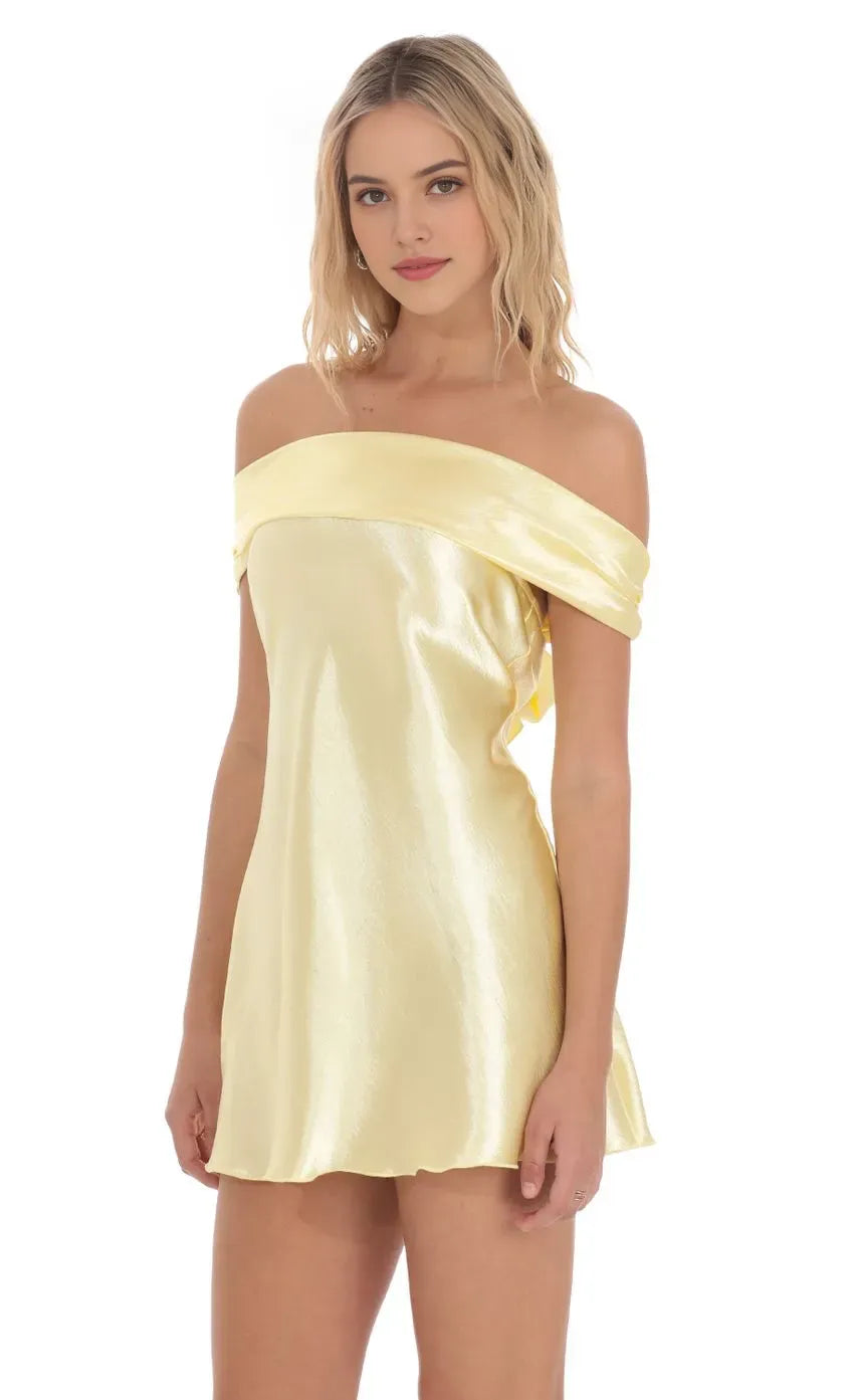 Yellow Lemon Homecoming Dress Off Shoulder Neckline Flowy Fit Perfect for Sophisticated School Dances Timeless Reunion Memories