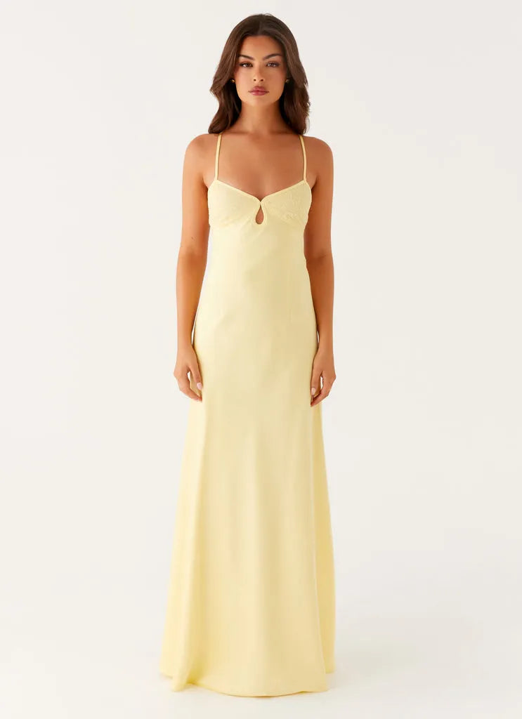 Yellow Lemon Prom Dress with Spaghetti Straps Sweetheart Neckline Keyhole Detail Floor-Length Silhouette for Formal Galas