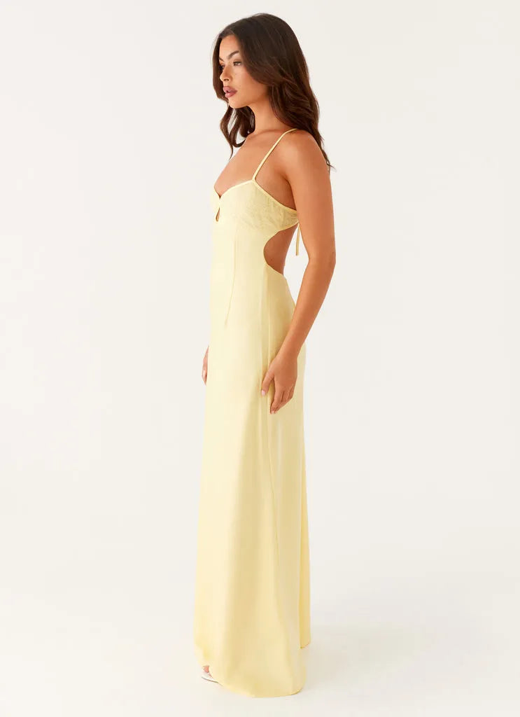 Yellow Lemon Prom Dress with Spaghetti Straps Sweetheart Neckline Keyhole Detail Floor-Length Silhouette for Formal Galas