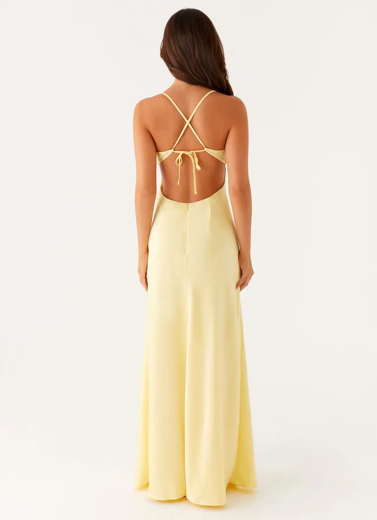 Yellow Lemon Prom Dress with Spaghetti Straps Sweetheart Neckline Keyhole Detail Floor-Length Silhouette for Formal Galas