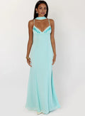 Special Occasion Sophisticated Elegant Light Blue Satin Ball Gown Halter Backless Formal Dress