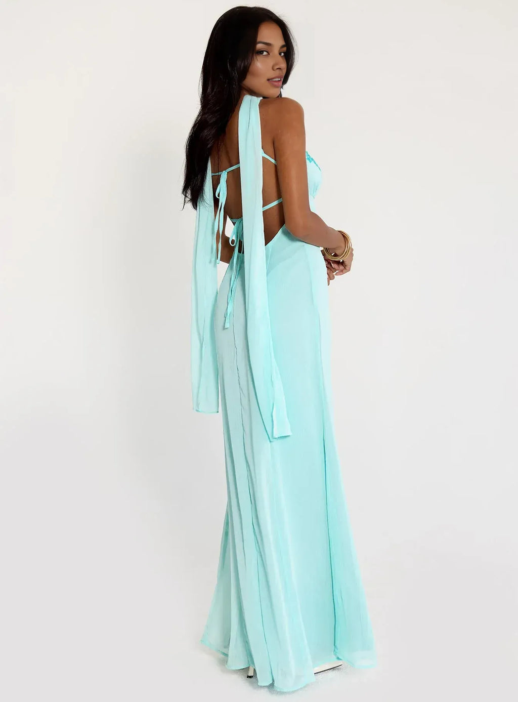 Special Occasion Sophisticated Elegant Light Blue Satin Ball Gown Halter Backless Formal Dress
