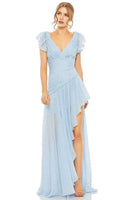 Light Blue Evening Dress with Flutter Sleeves Surplice Neckline Asymmetric Ruffle Skirt and Glitter Dots for Romantic Occasions