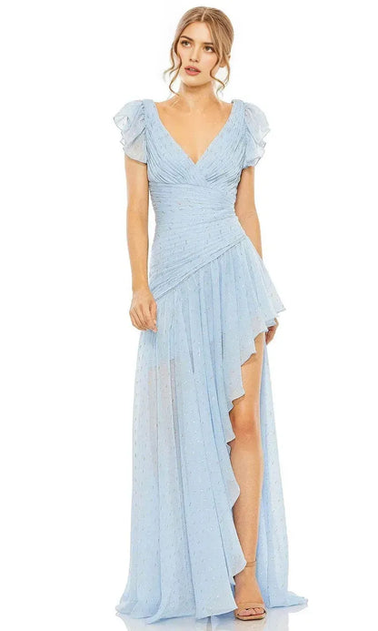 Romantic Light-Blue Ruffled A-Line Classic-Neck Classic-Sleeve Classic-Back Floor-Length Evening Dress