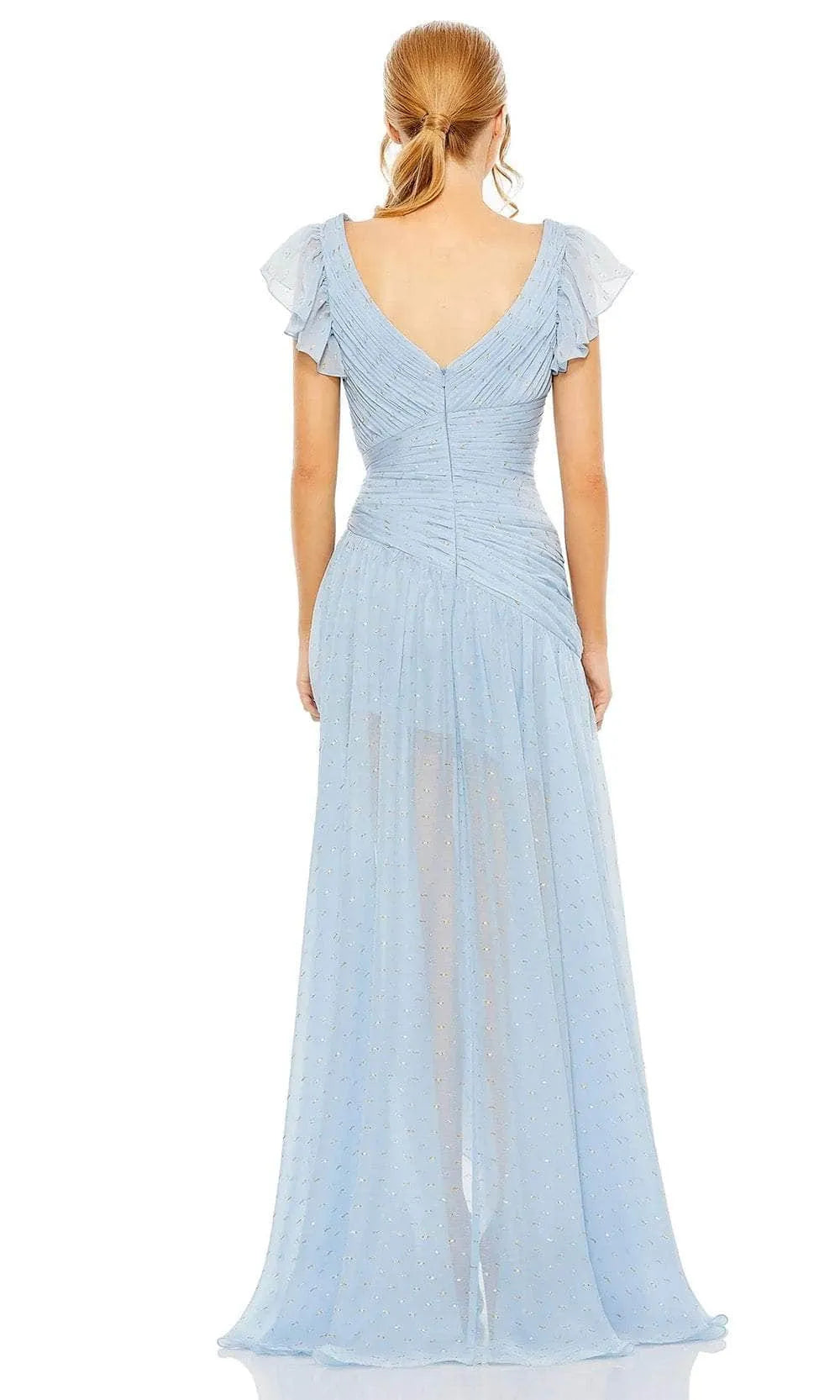 Light Blue Evening Dress with Flutter Sleeves Surplice Neckline Asymmetric Ruffle Skirt and Glitter Dots for Romantic Occasions