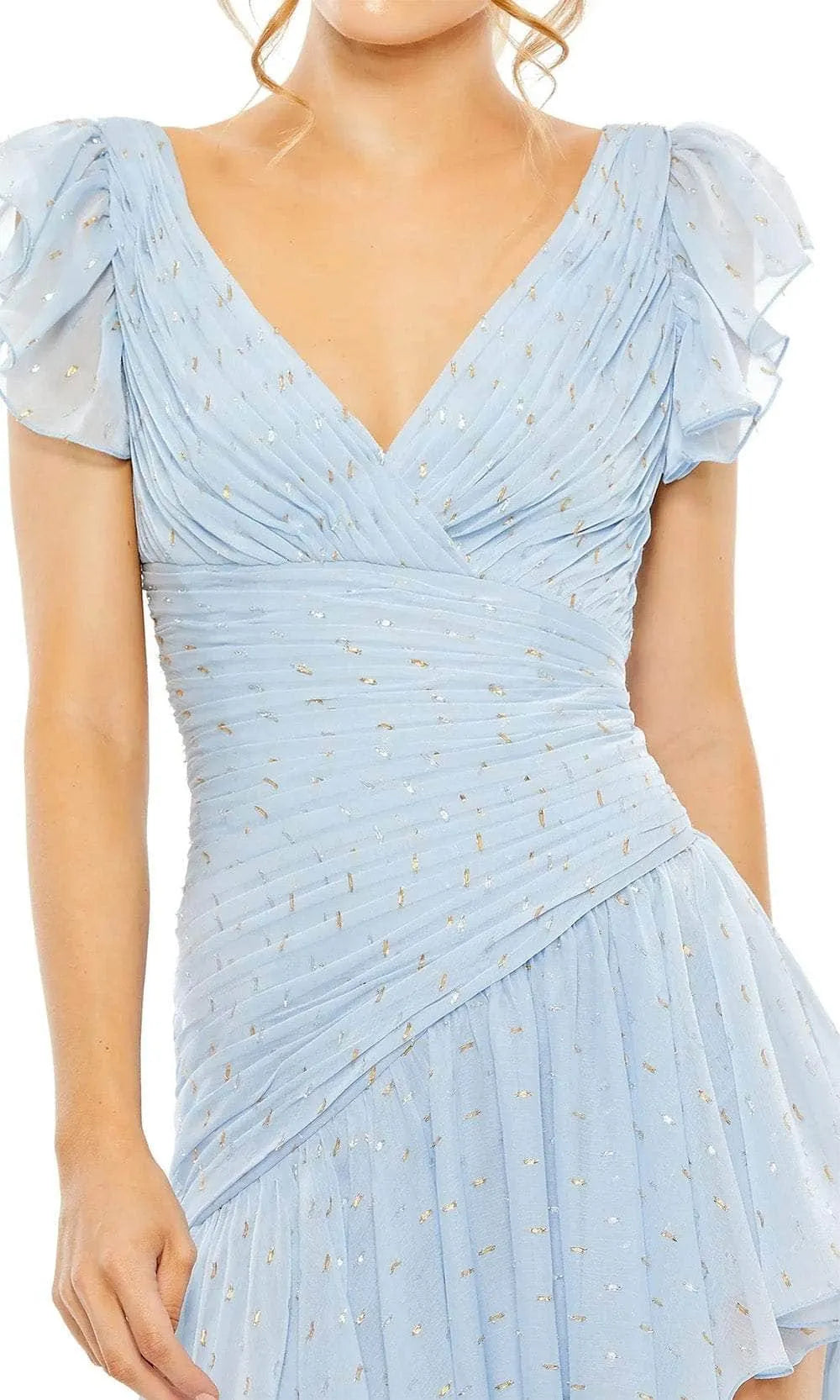 Light Blue Evening Dress with Flutter Sleeves Surplice Neckline Asymmetric Ruffle Skirt and Glitter Dots for Romantic Occasions