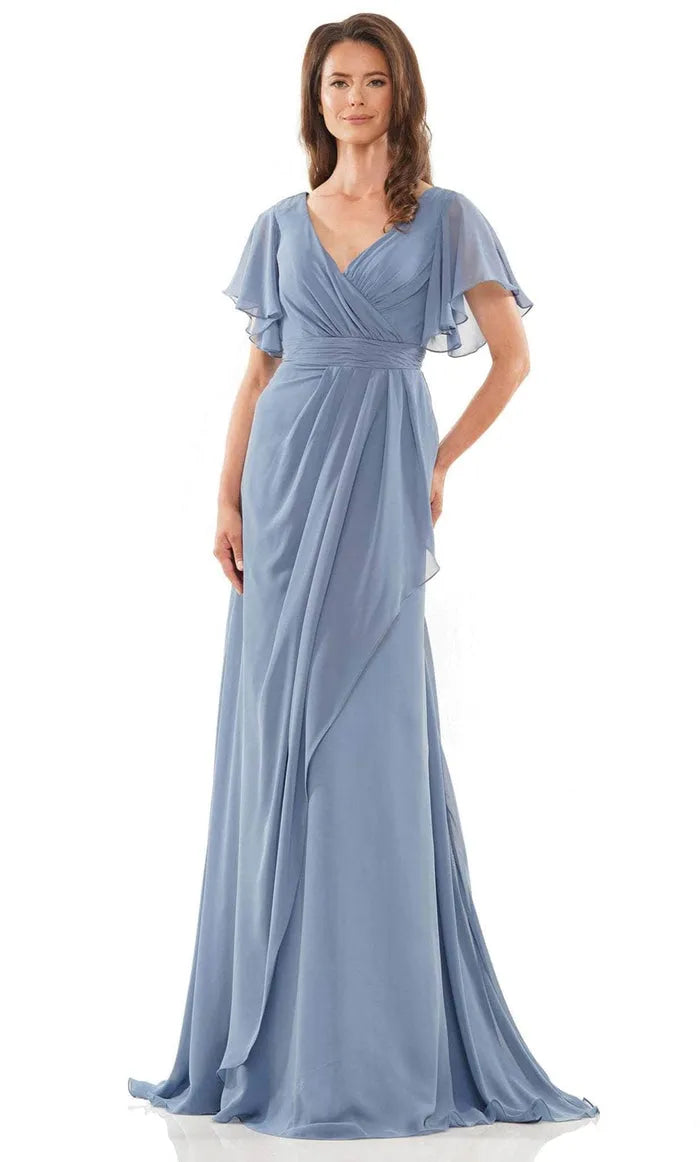 Light Blue Evening Dress with Flutter Sleeves Surplice Neckline and Asymmetric Ruffle Skirt for Romantic Occasions