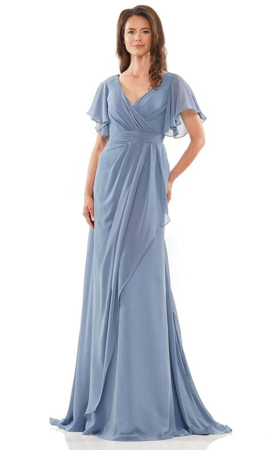 Glamorous Light-Blue Ruffled A-Line Sweetheart Classic-Sleeve Classic-Back Floor-Length Evening Dress