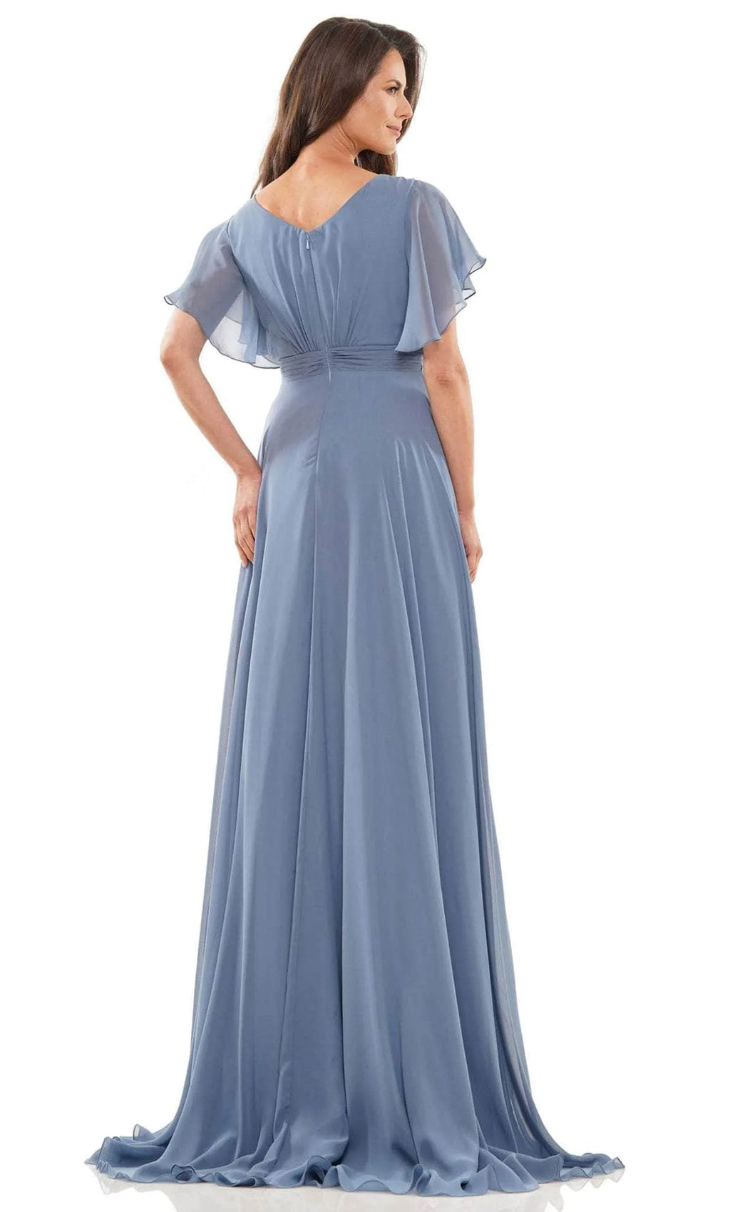 Light Blue Evening Dress with Flutter Sleeves Surplice Neckline and Asymmetric Ruffle Skirt for Romantic Occasions
