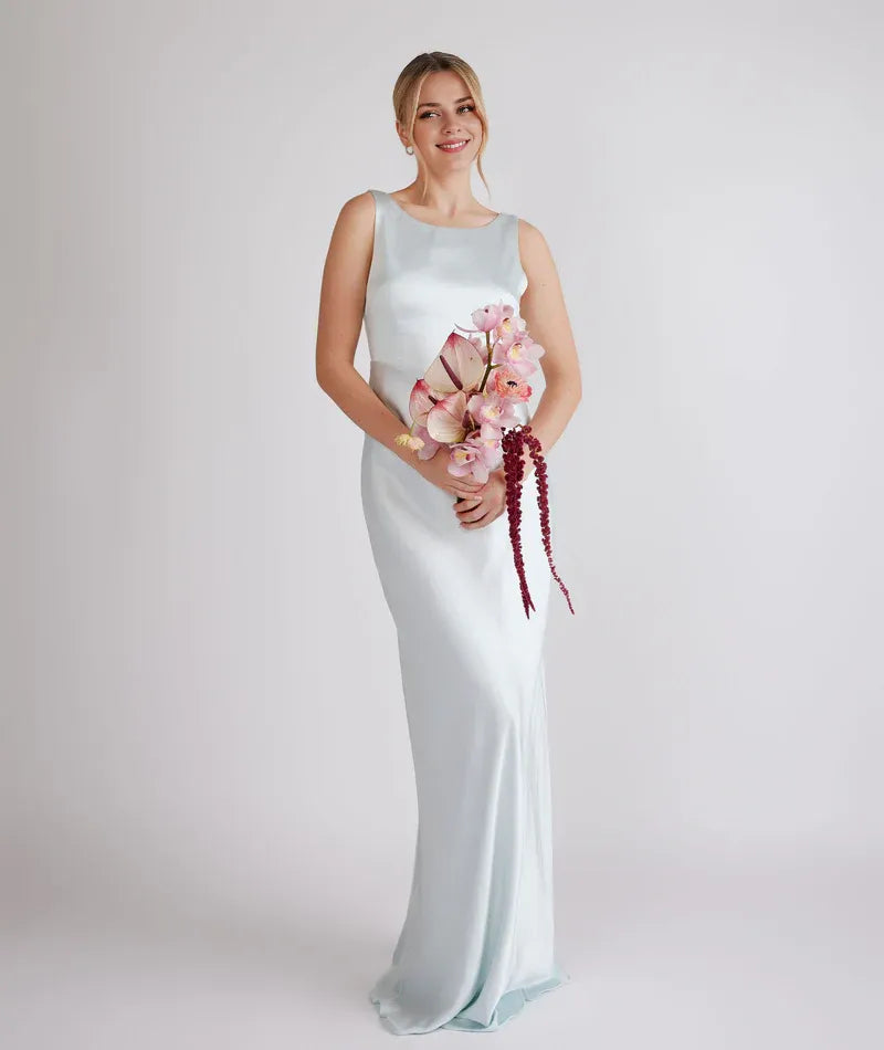 Special Occasion Sophisticated Graceful Stylish Elegant Champagne Satin Cowl Sleeveless Bridesmaid Dress