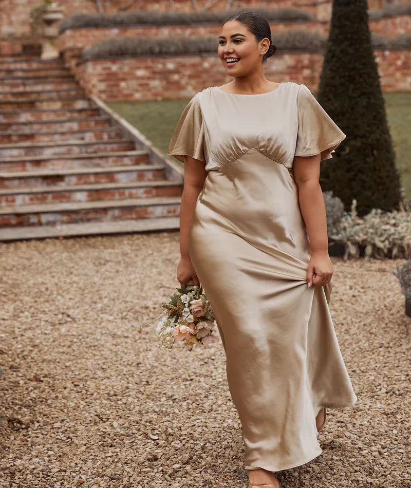 Graceful Stylish Refined Beautiful Timeless Special Occasion Elegant Champagne Satin Bridesmaid Dress
