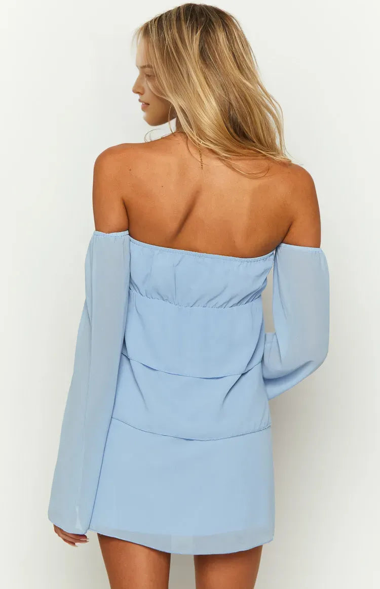 Light Blue Off - Shoulder Homecoming Dress with Tiered Skirt Bow Detail Long Sleeves for a Romantic Flattering