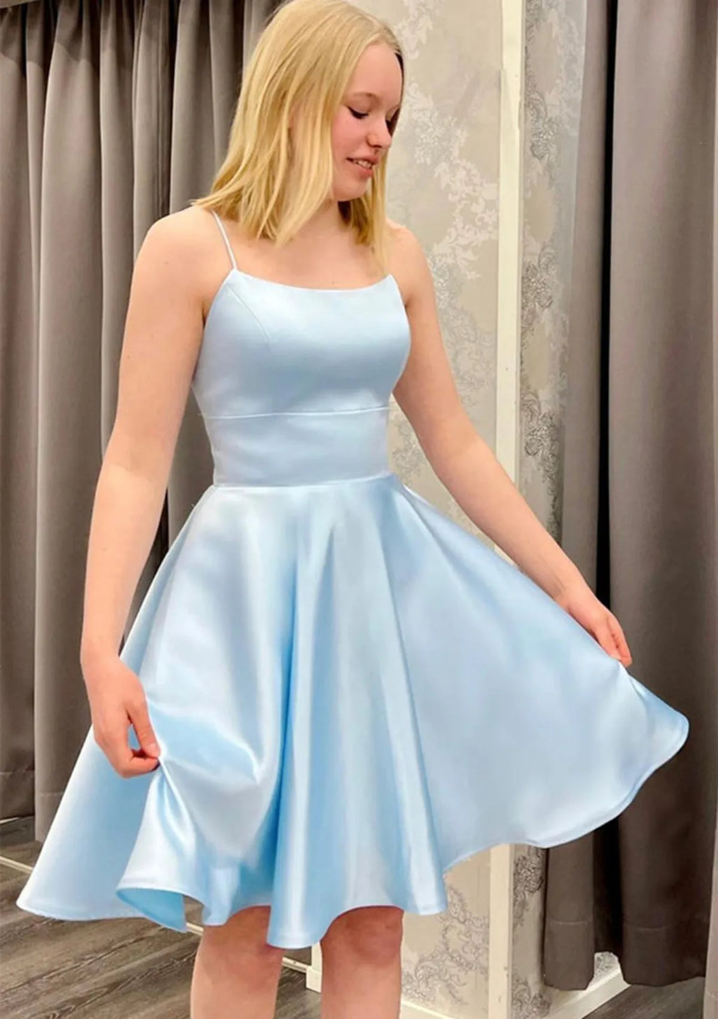 Light Blue Homecoming Dress Spaghetti Straps Square Neckline Flared Skirt for Fresh Elegant School Reunion Looks