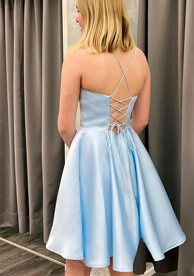 Light Blue Homecoming Dress Spaghetti Straps Square Neckline Flared Skirt for Fresh Elegant School Reunion Looks