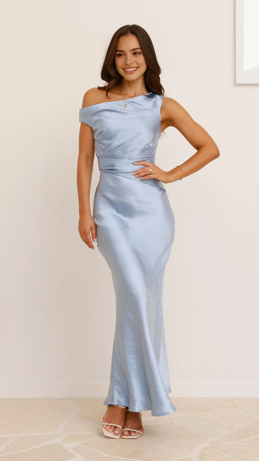 Light Blue V - Neck Spaghetti Strap Prom Dresses for Women Floor Length Formal Party Gown