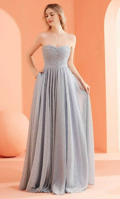 Elegant Light-Blue A-Line Strapless Classic-Sleeve Classic-Back Floor-Length Evening Dress