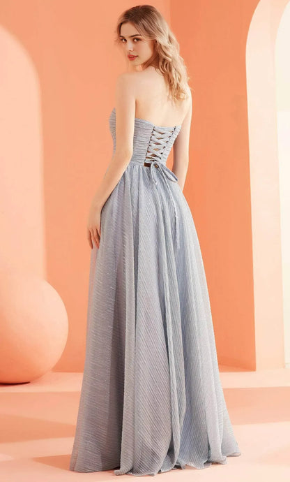 Elegant Light-Blue A-Line Strapless Classic-Sleeve Classic-Back Floor-Length Evening Dress