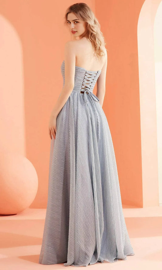 Elegant Light-Blue A-Line Strapless Classic-Sleeve Classic-Back Floor-Length Evening Dress