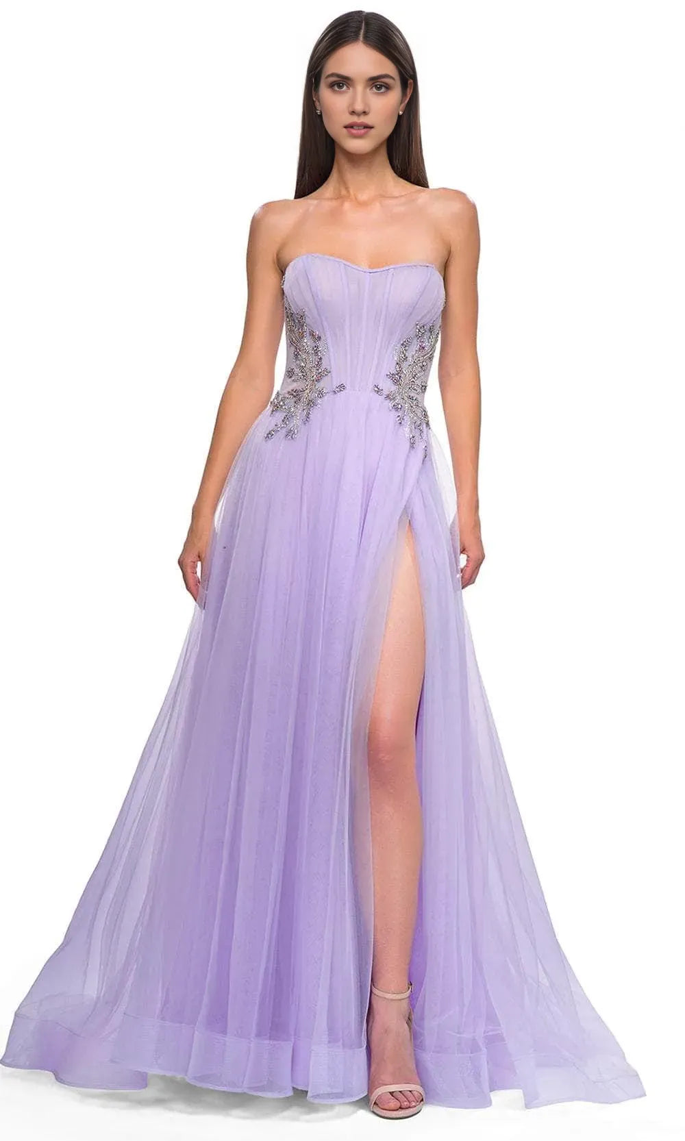 Light Blue Strapless Prom Dress with Corset Bodice High Side Slit and Flowy Skirt for Formal Evening Events