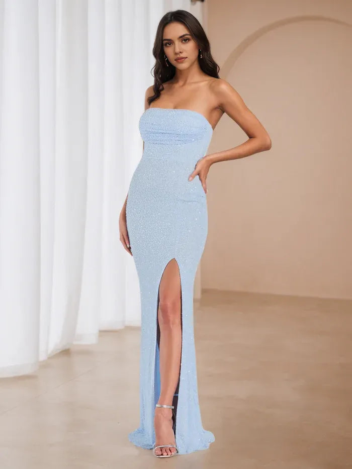 Light Blue Strapless Prom Dress with High Slit Sparkling Evening Gown for Formal Dances