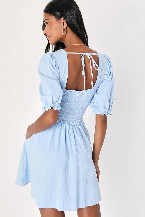 Light Blue V - Neck Homecoming Gown Puff Sleeves Flared Hem Shine with Effortless Grace