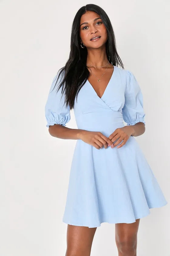 Light Blue V - Neck Homecoming Gown Puff Sleeves Flared Hem Shine with Effortless Grace