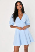 Light Blue V - Neck Homecoming Gown Puff Sleeves Flared Hem Shine with Effortless Grace