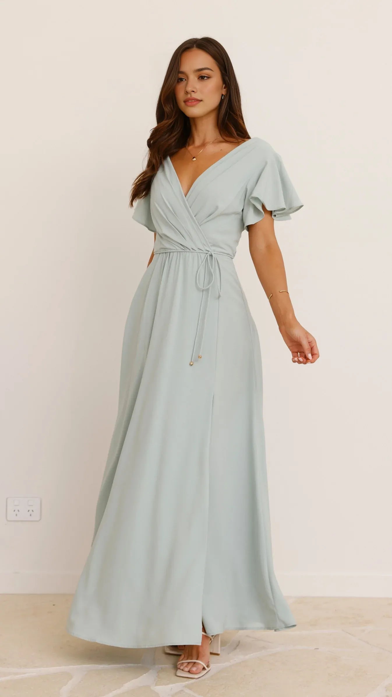 Light Blue Wrap - Style Prom Dress with Flutter Sleeves and Side Slit Floor - Length Formal Gown for Special Occasions