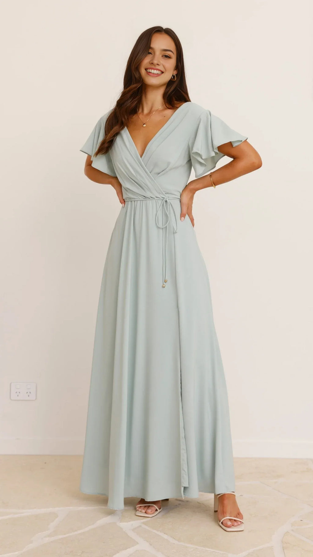 Light Blue Wrap - Style Prom Dress with Flutter Sleeves and Side Slit Floor - Length Formal Gown for Special Occasions