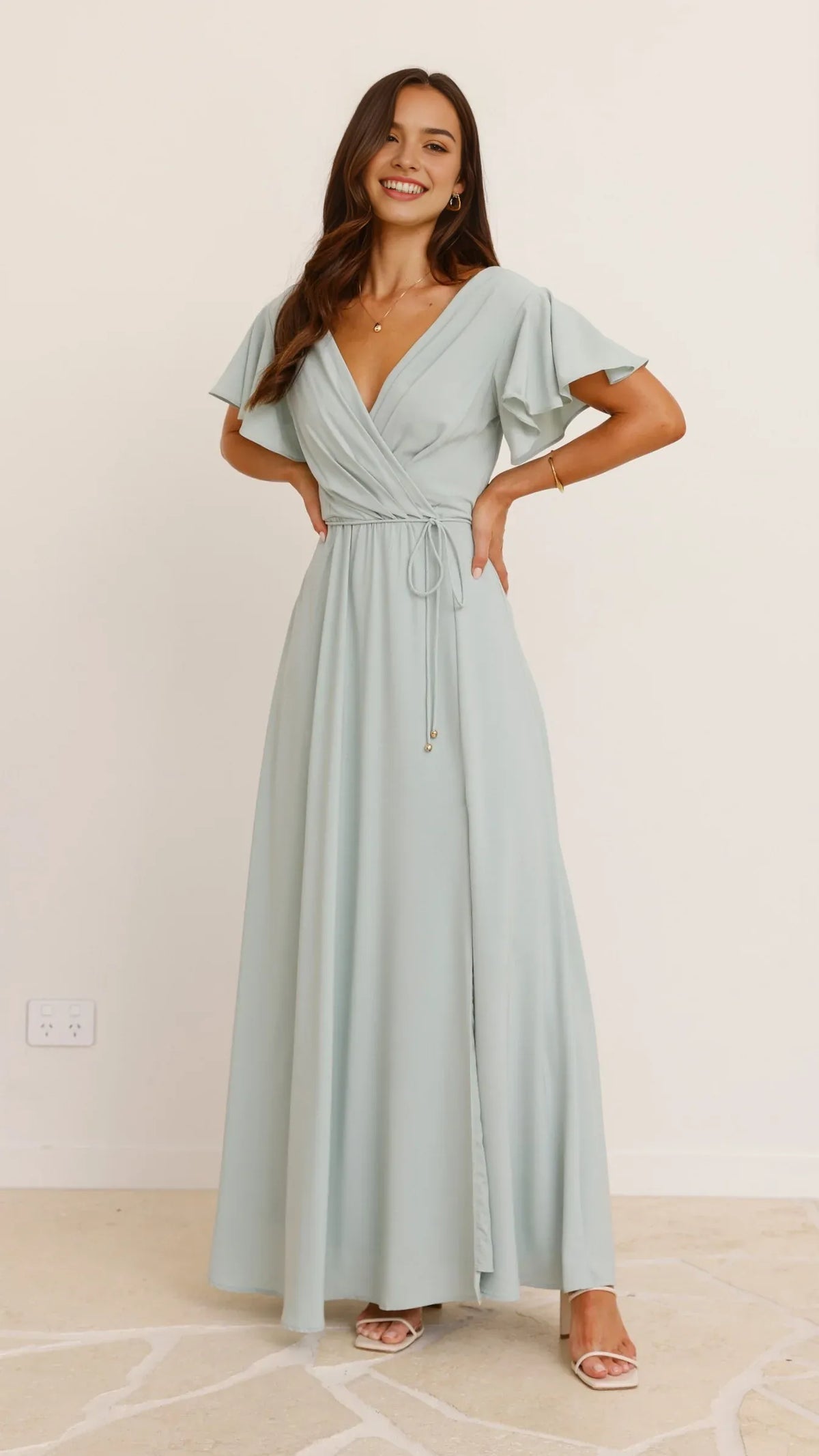 Light Blue Wrap - Style Prom Dress with Flutter Sleeves and Side Slit Floor - Length Formal Gown for Special Occasions