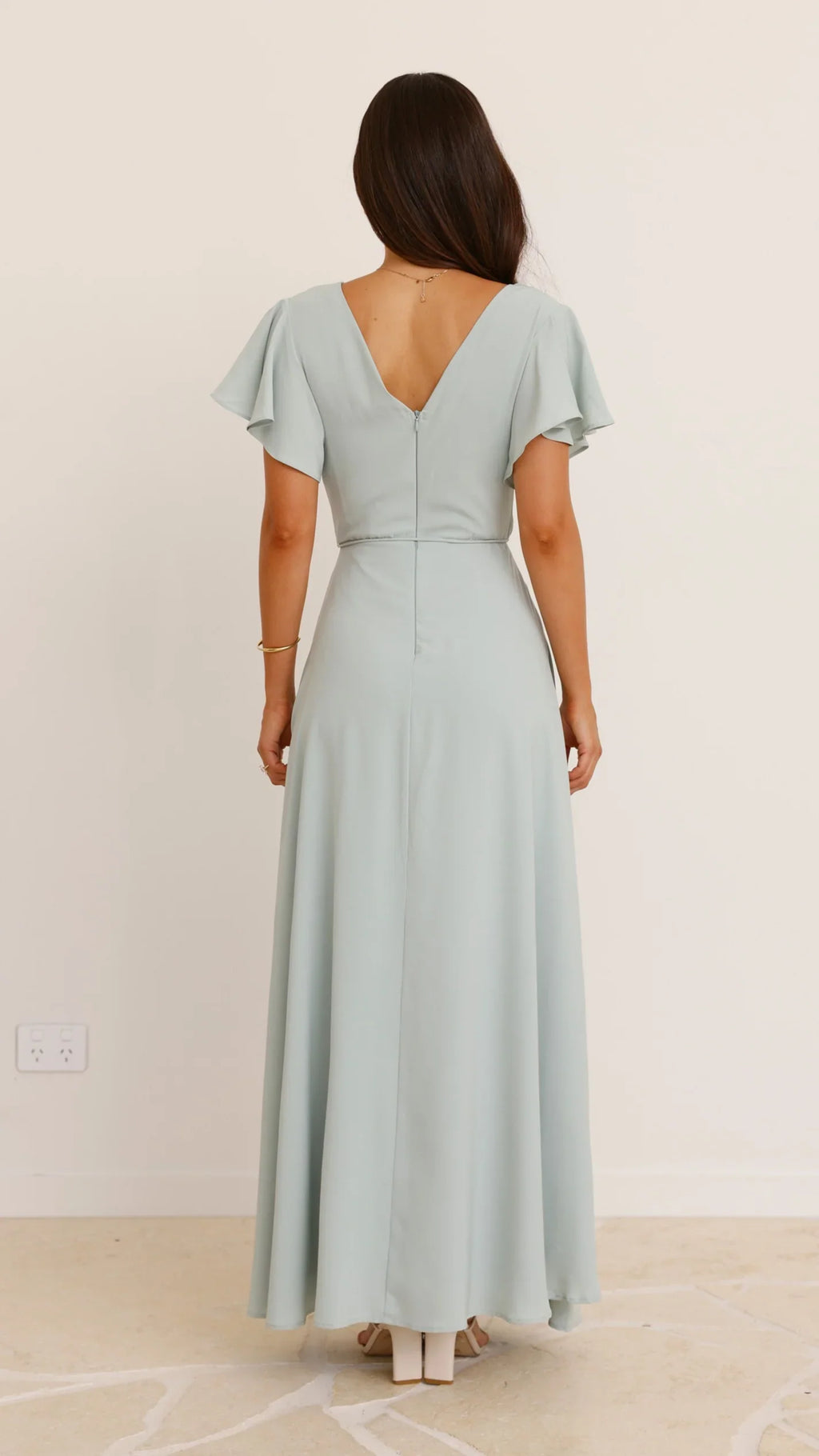 Light Blue Wrap - Style Prom Dress with Flutter Sleeves and Side Slit Floor - Length Formal Gown for Special Occasions