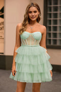 Green Light Corset A Line Short Homecoming Dress with Ruffles