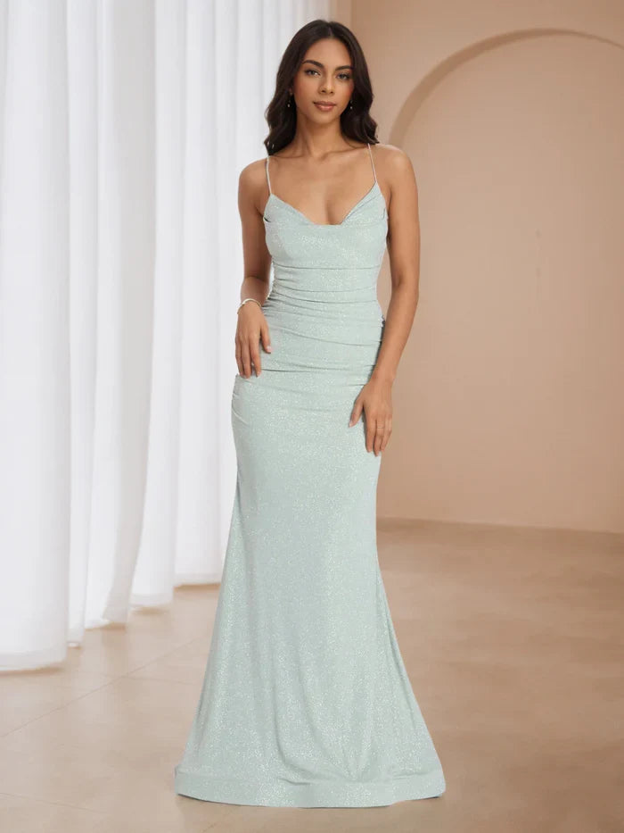 Green Light Glitter Spaghetti Strap Mermaid Prom Dress Elegant Evening Gown