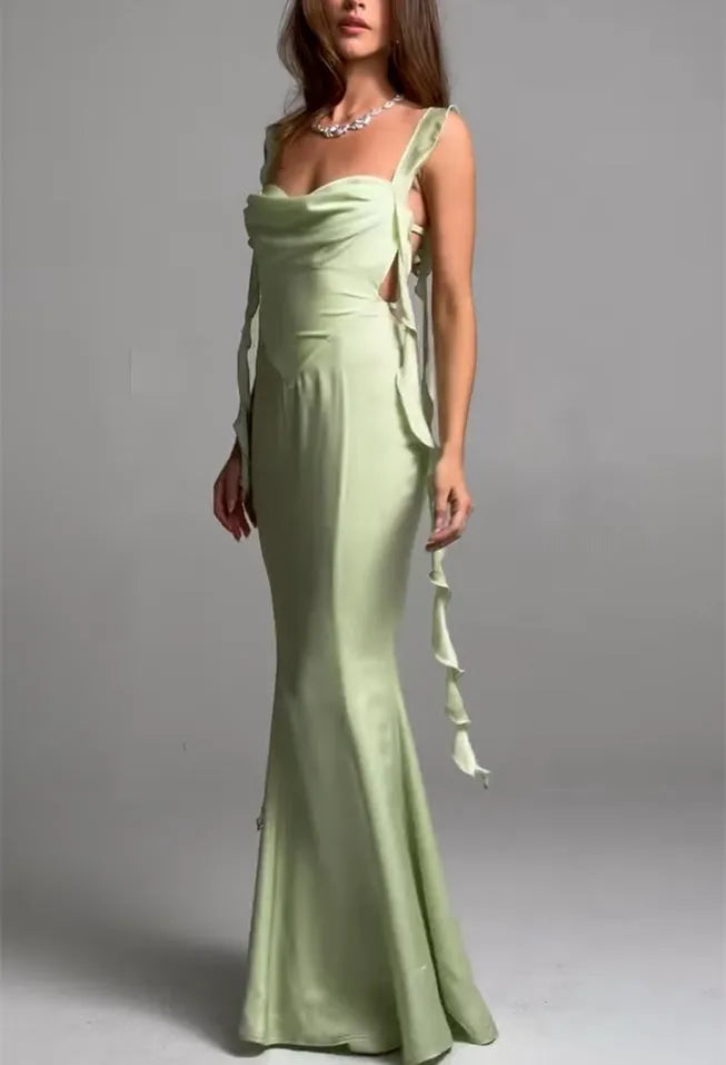 Green Light Prom Dress Square Neckline Ruffled Straps with Ties Mermaid Silhouette