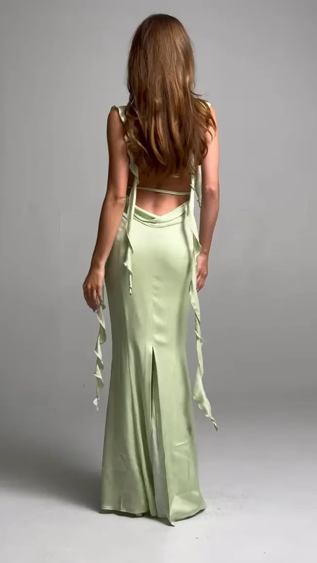Green Light Prom Dress Square Neckline Ruffled Straps with Ties Mermaid Silhouette