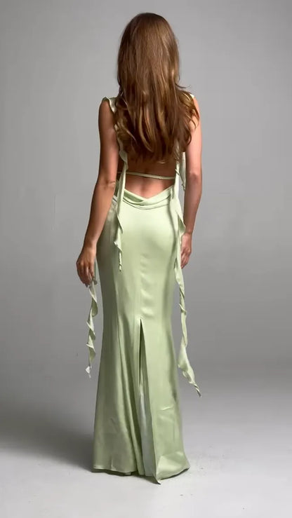 Luxurious Green Ruffled Mermaid Square-Neck Classic-Sleeve Classic-Back Floor-Length Prom Dress
