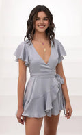 Grey Light Homecoming Dress with Deep V Neck Flutter Sleeves Wrap Design and Self Tie Belt Ideal for Making a Graceful Statement