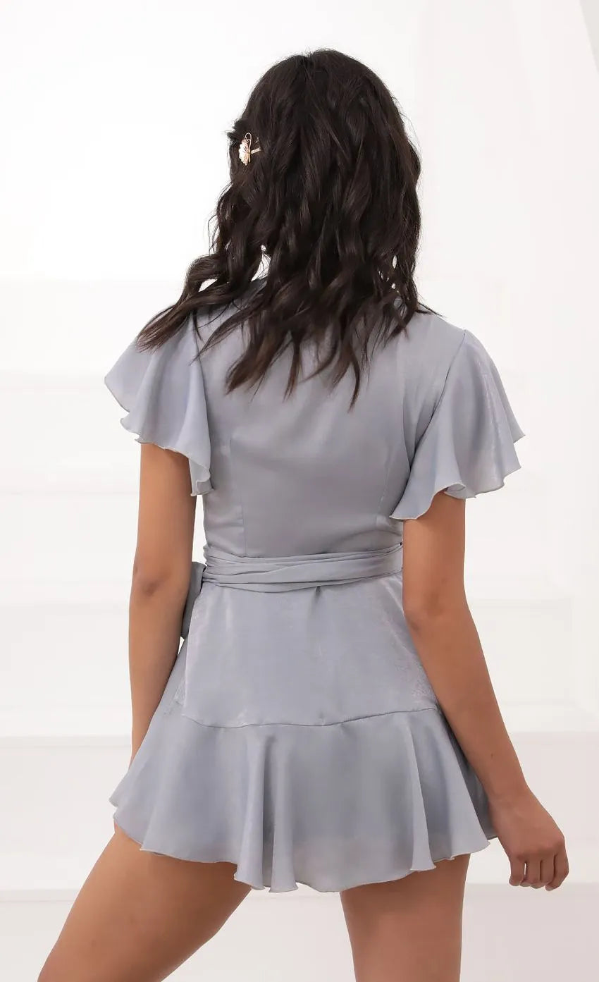 Grey Light Homecoming Dress with Deep V Neck Flutter Sleeves Wrap Design and Self Tie Belt Ideal for Making a Graceful Statement