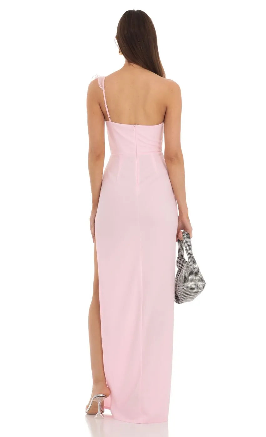 Pink Light One Shoulder Prom Dress with Sheer Ruffle Accent Form Fitting Silhouette and High Thigh Slit for Elegant Formal Occasions