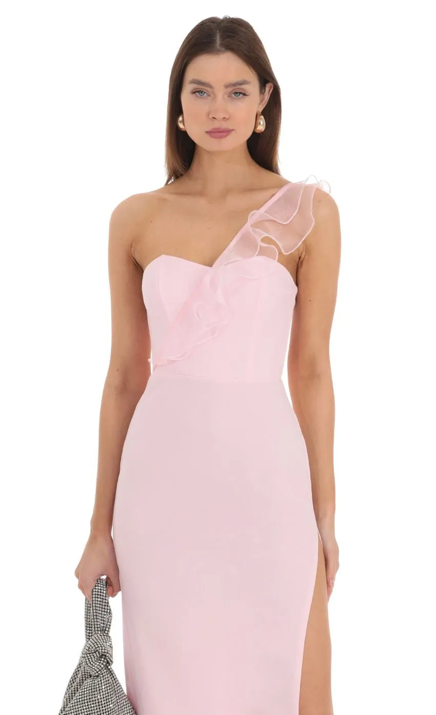 Pink Light One Shoulder Prom Dress with Sheer Ruffle Accent Form Fitting Silhouette and High Thigh Slit for Elegant Formal Occasions