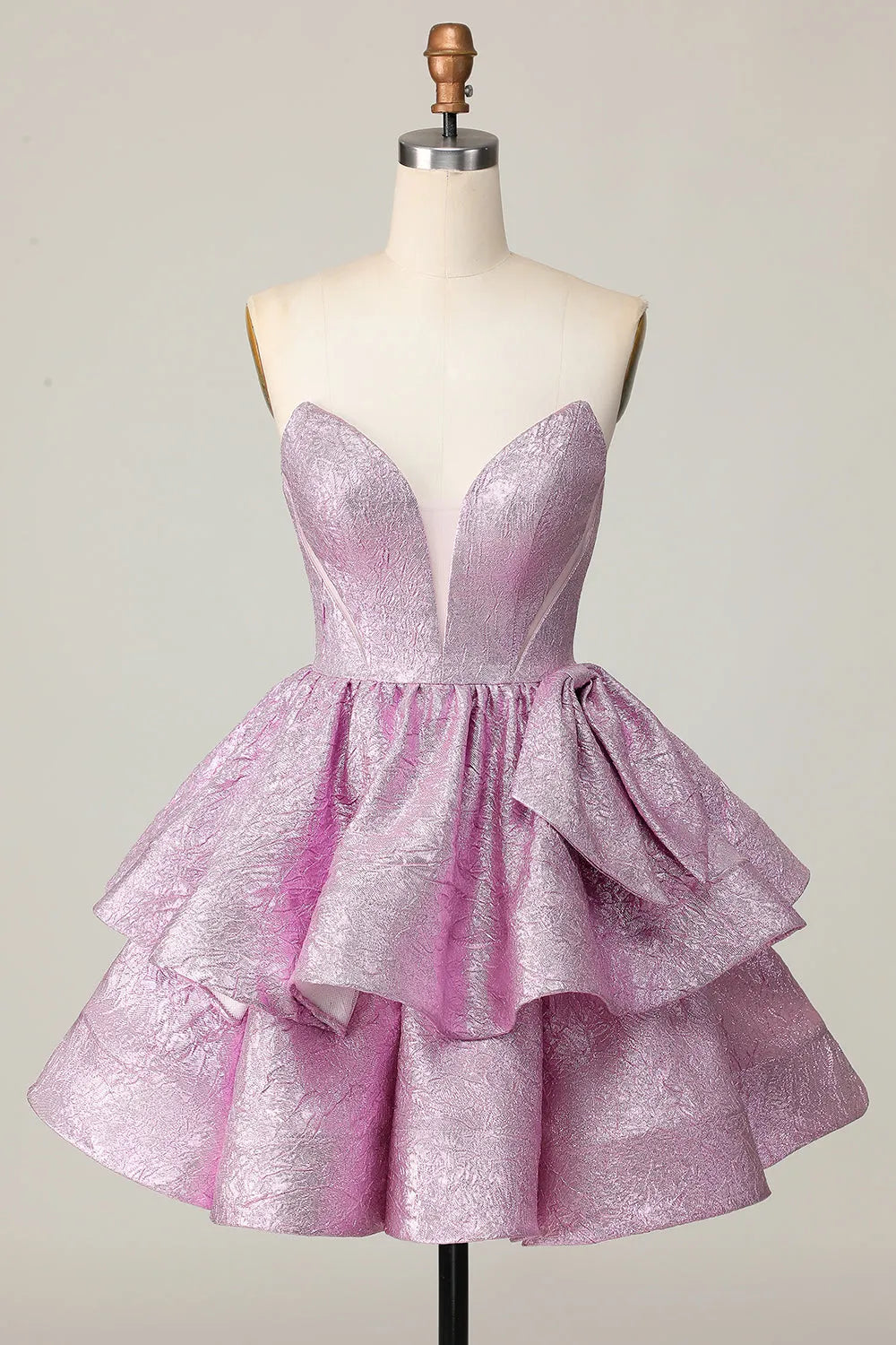 Purple Light Metallic Glitter Strapless Short Homecoming Dress with Bow