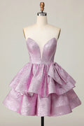 Purple Light Metallic Glitter Strapless Short Homecoming Dress with Bow