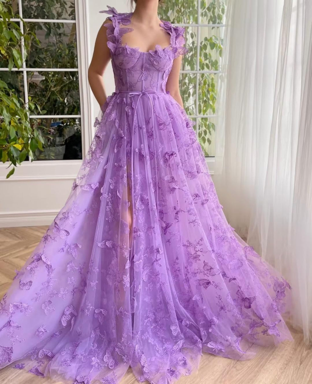 Long Prom Dress with 3D Butterflies Dress Ball Gown Evening Party Wedding Formal Dress Slit