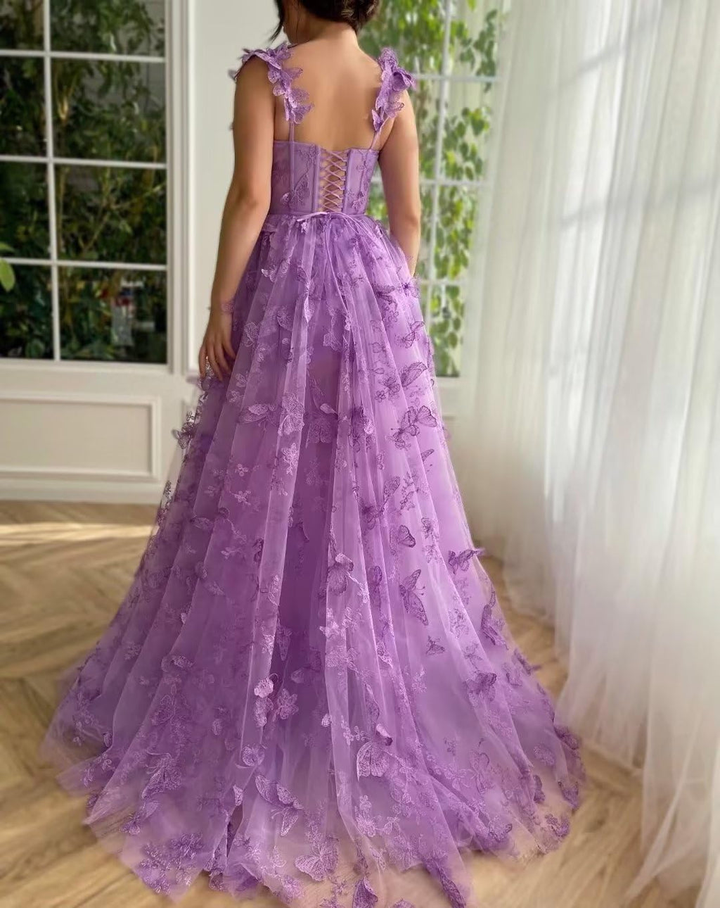 Long Prom Dress with 3D Butterflies Dress Ball Gown Evening Party Wedding Formal Dress Slit